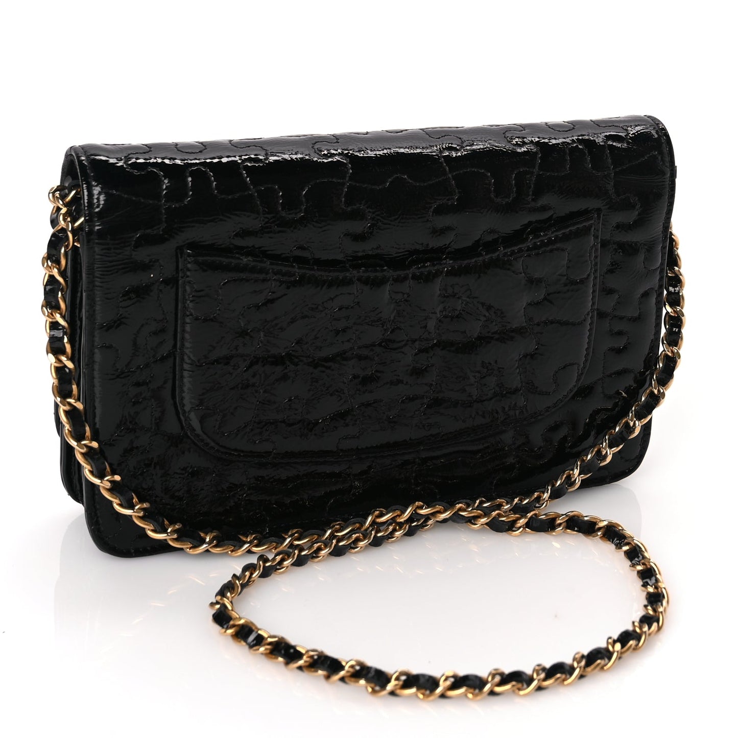 Chanel Crackled Patent Calfskin Puzzle Reissue Wallet On Chain WOC Black