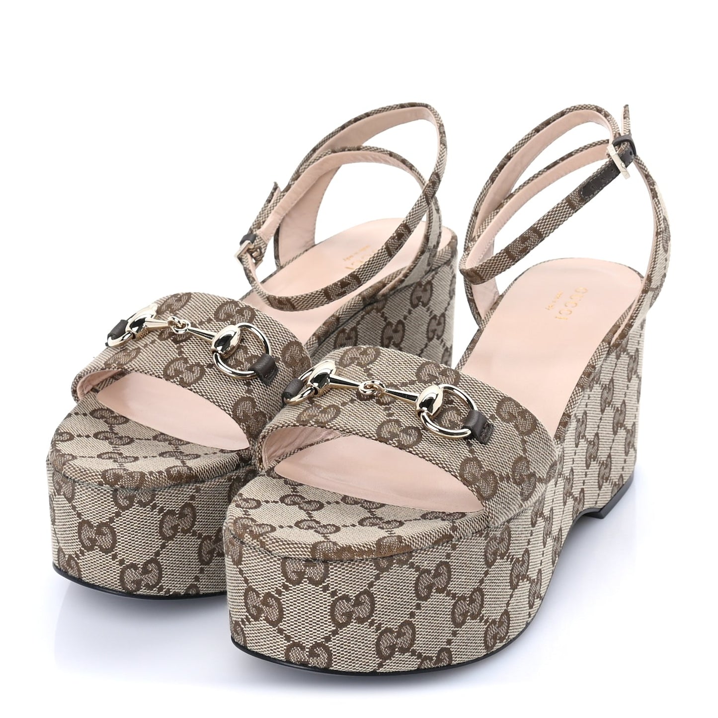 Gucci Monogram Nappa Chalotte Horsebit Ankle Strap 75mm Platform Sandals 39  Beige Ebony