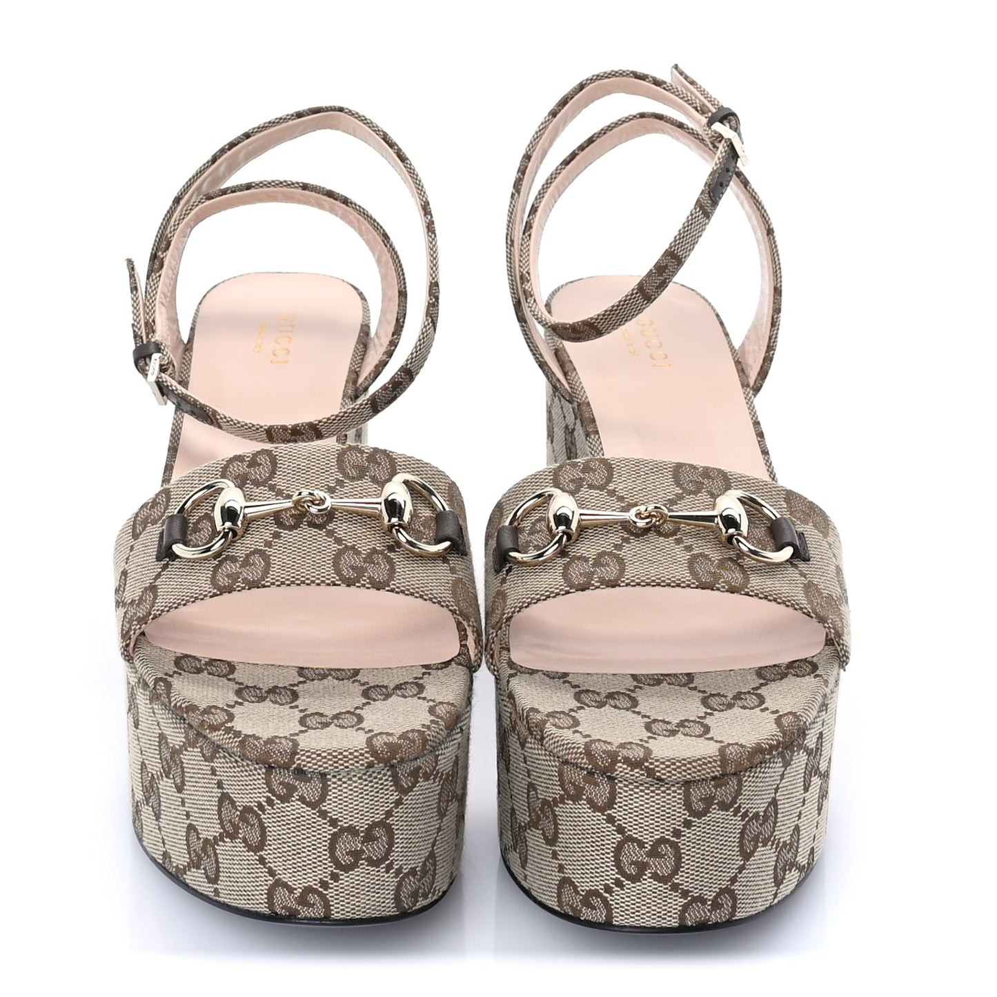 Gucci Monogram Nappa Chalotte Horsebit Ankle Strap 75mm Platform Sandals 39  Beige Ebony