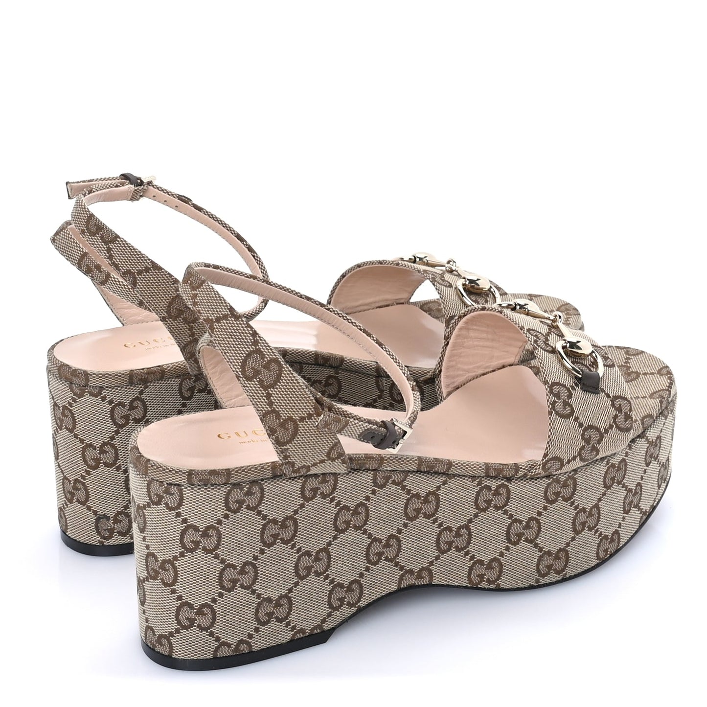 Gucci Monogram Nappa Chalotte Horsebit Ankle Strap 75mm Platform Sandals 39  Beige Ebony