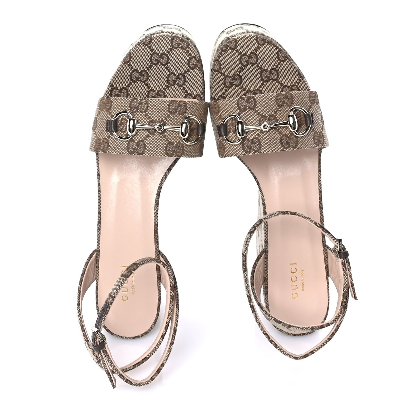 Gucci Monogram Nappa Chalotte Horsebit Ankle Strap 75mm Platform Sandals 39  Beige Ebony