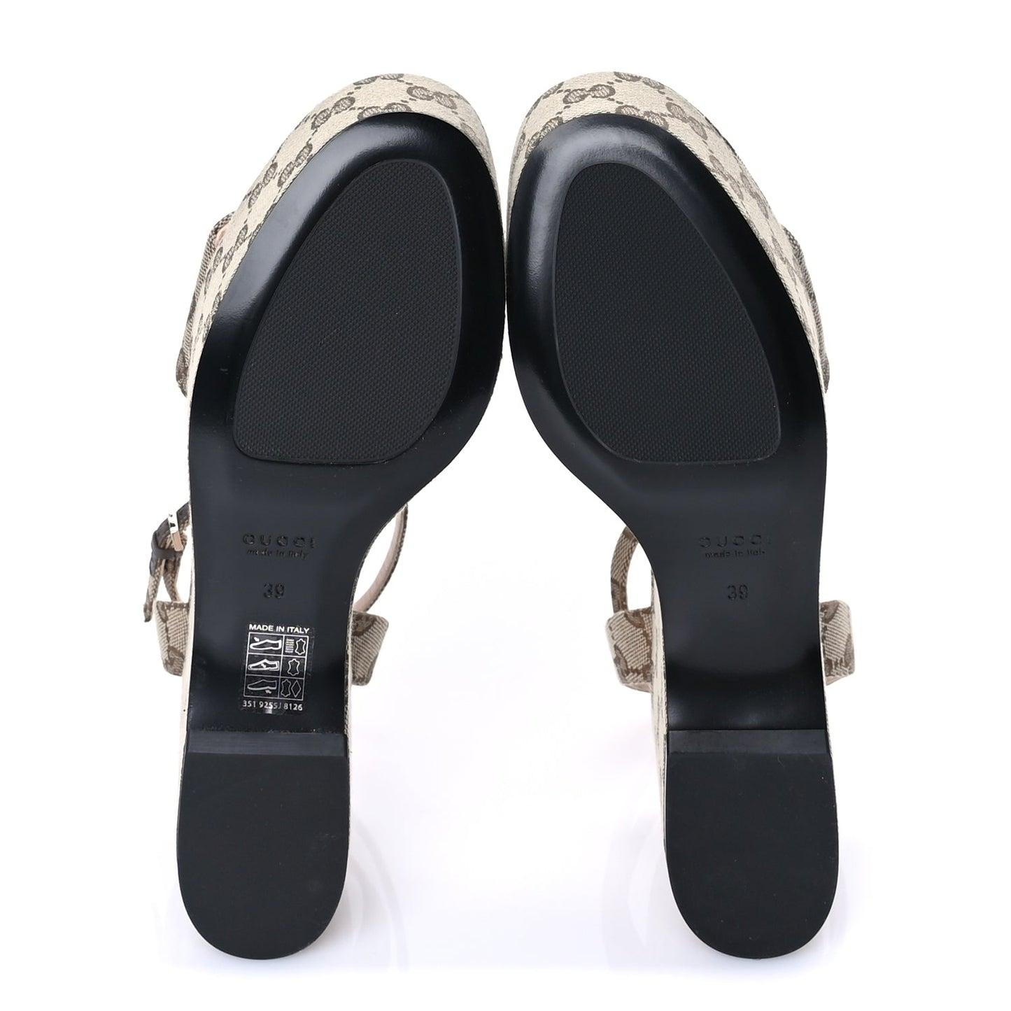 Gucci Monogram Nappa Chalotte Horsebit Ankle Strap 75mm Platform Sandals 39  Beige Ebony