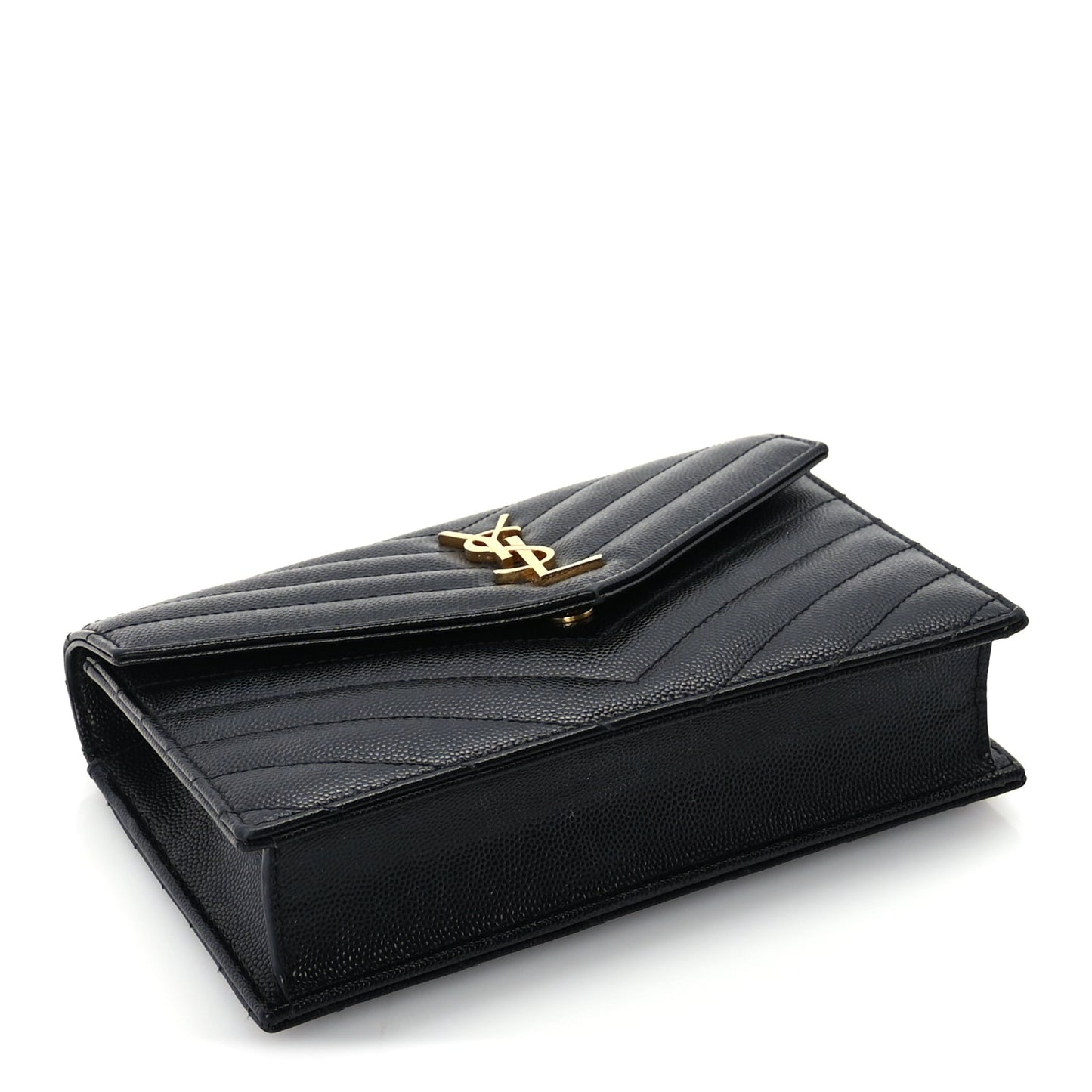 Saint Laurent Grain De Poudre Matelasse Chevron Monogram Envelope Chain Wallet Black