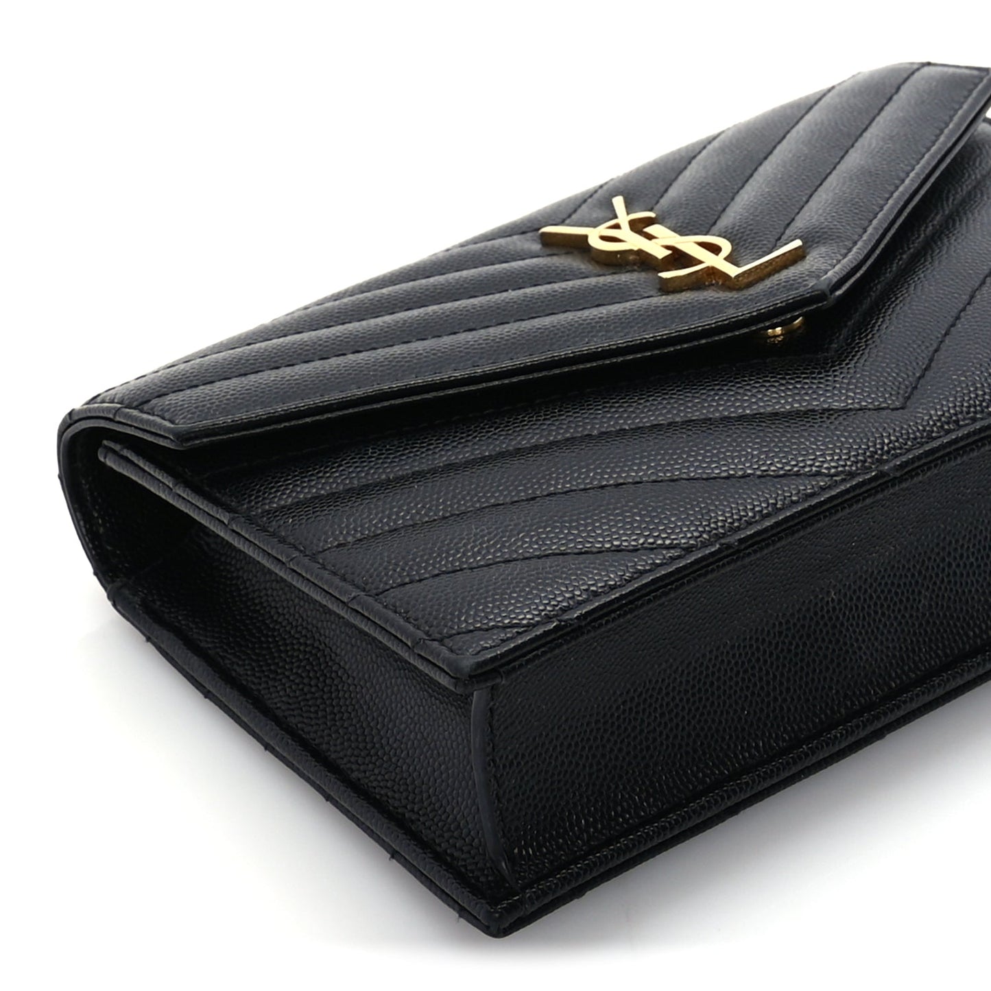 Saint Laurent Grain De Poudre Matelasse Chevron Monogram Envelope Chain Wallet Black