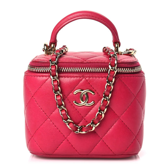 Chanel Lambskin Quilted Top Handle Mini Vanity Case With Chain Dark Pink
