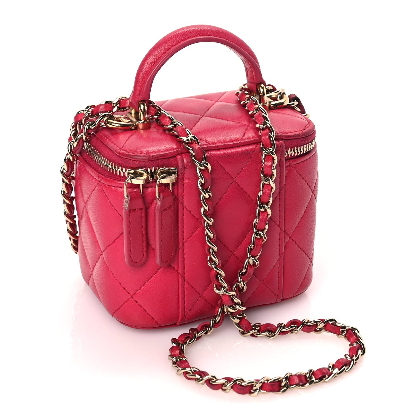 Chanel Lambskin Quilted Top Handle Mini Vanity Case With Chain Dark Pink