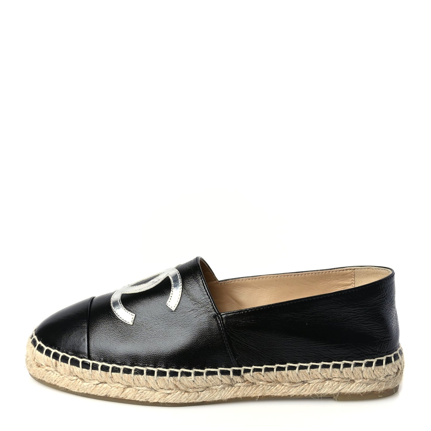 Chanel Patent Calfskin Metallic Goatskin CC Espadrilles 37 Black Silver