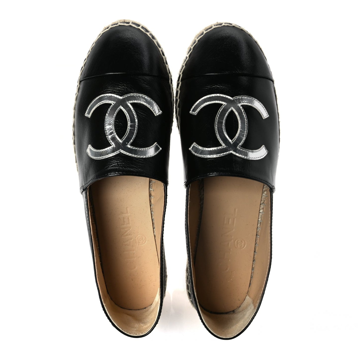 Chanel Patent Calfskin Metallic Goatskin CC Espadrilles 37 Black Silver