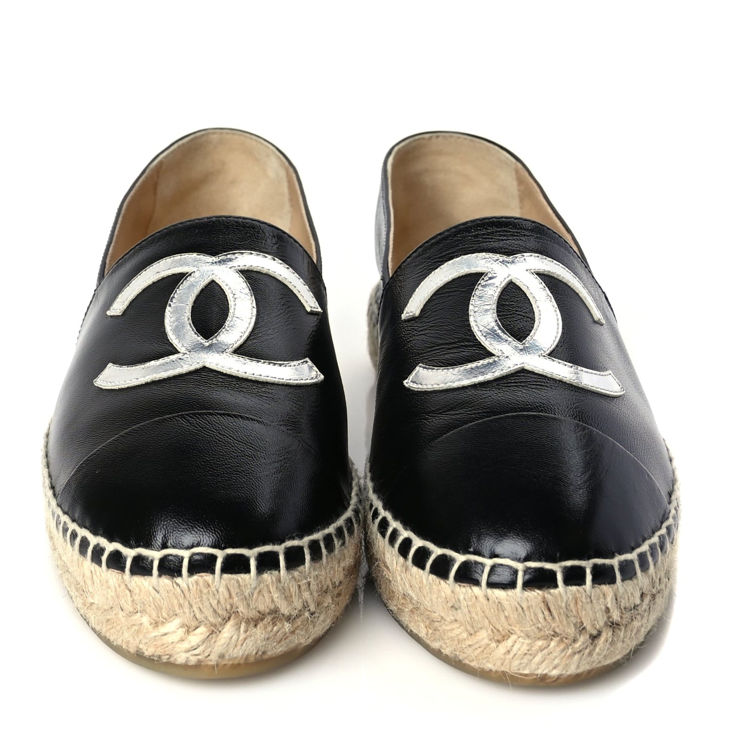 Chanel Patent Calfskin Metallic Goatskin CC Espadrilles 37 Black Silver
