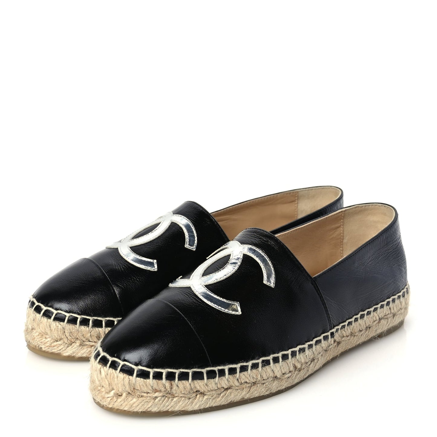 Chanel Patent Calfskin Metallic Goatskin CC Espadrilles 37 Black Silver