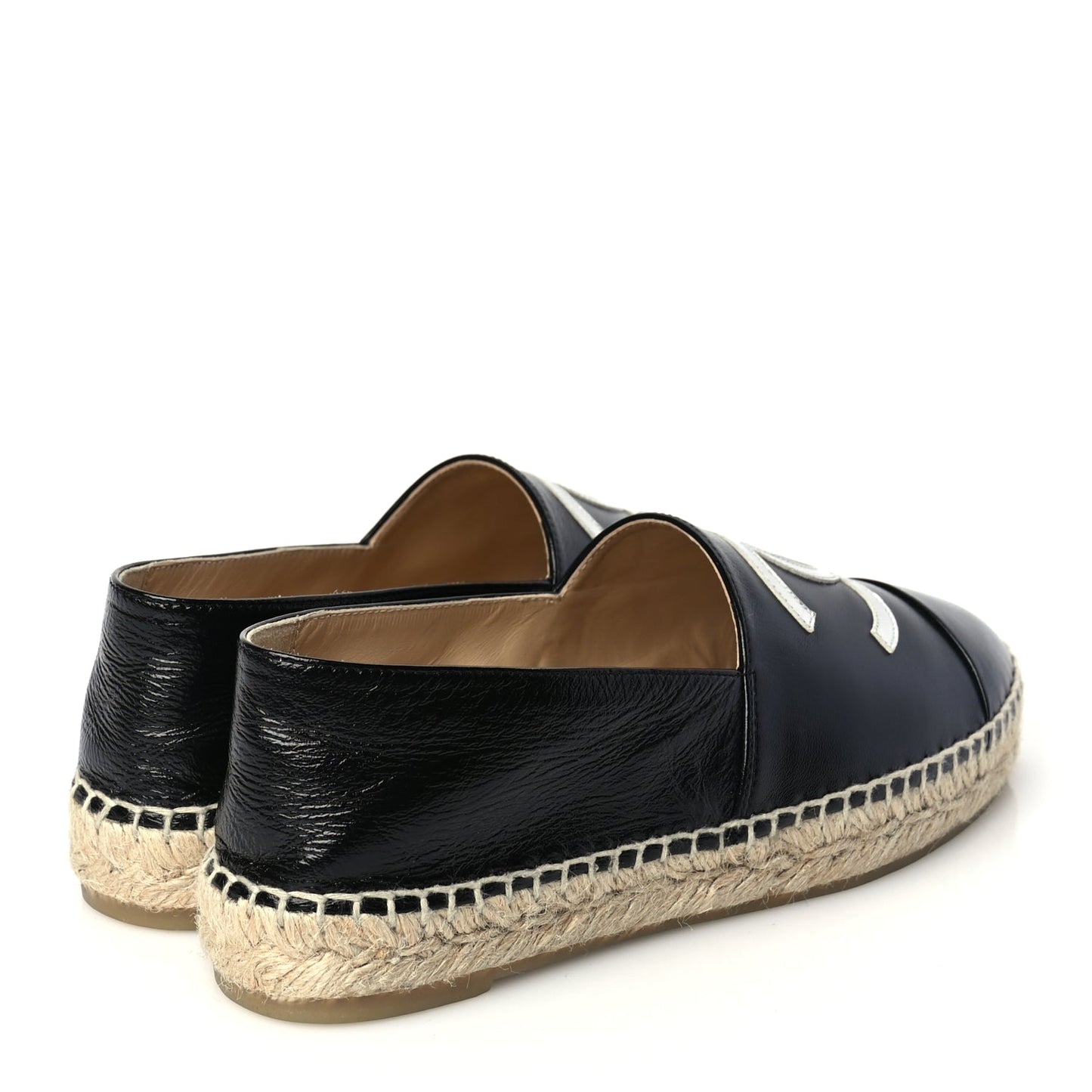 Chanel Patent Calfskin Metallic Goatskin CC Espadrilles 37 Black Silver
