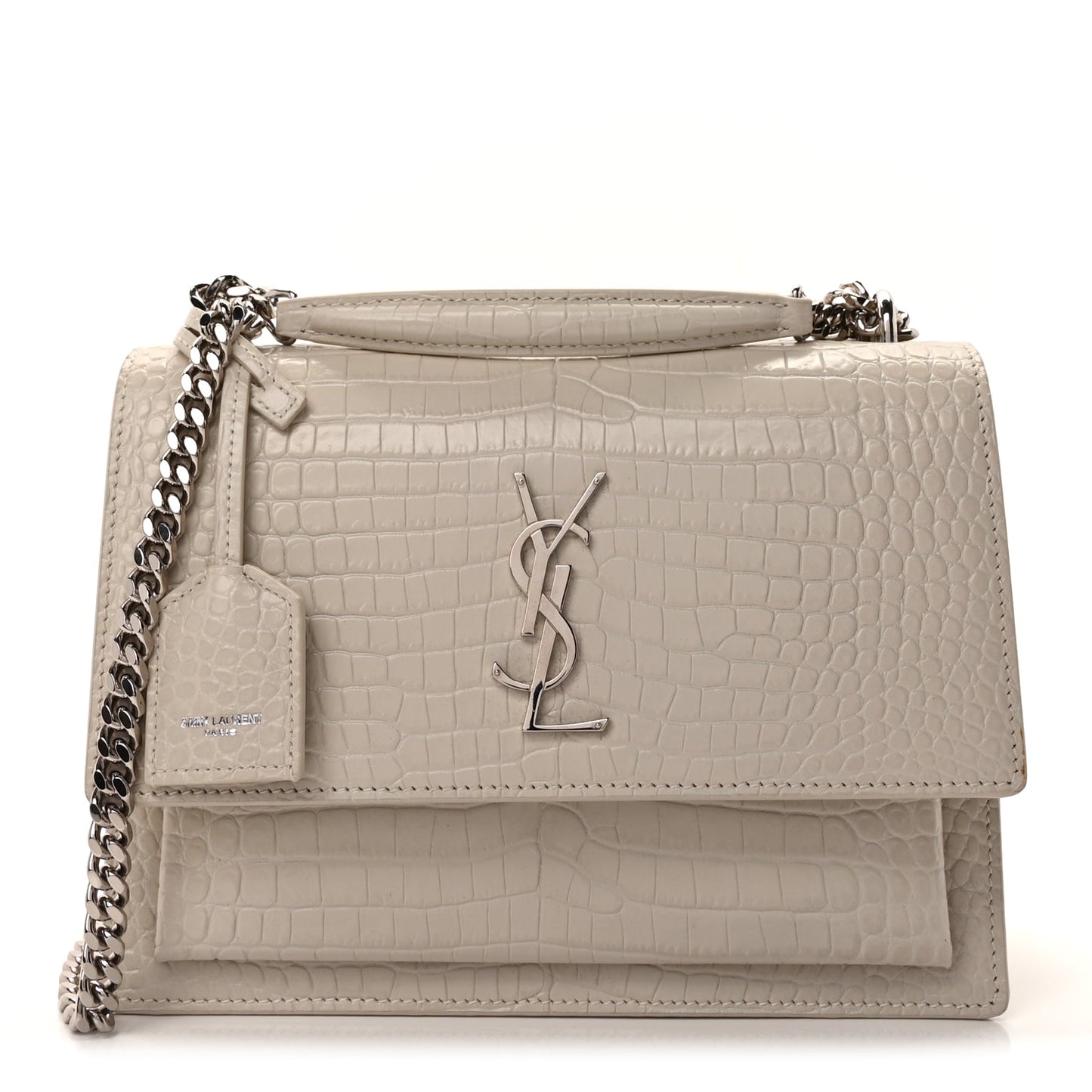 Saint Laurent Calfskin Crocodile Embossed Medium Monogram Sunset Blanc Vintage