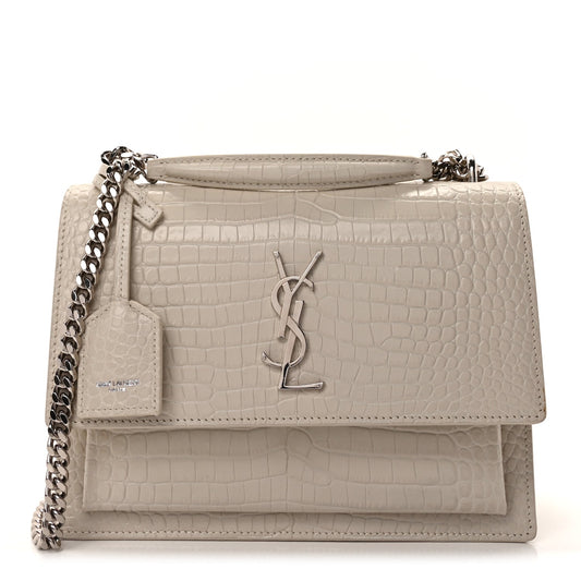Saint Laurent Calfskin Crocodile Embossed Medium Monogram Sunset Blanc Vintage
