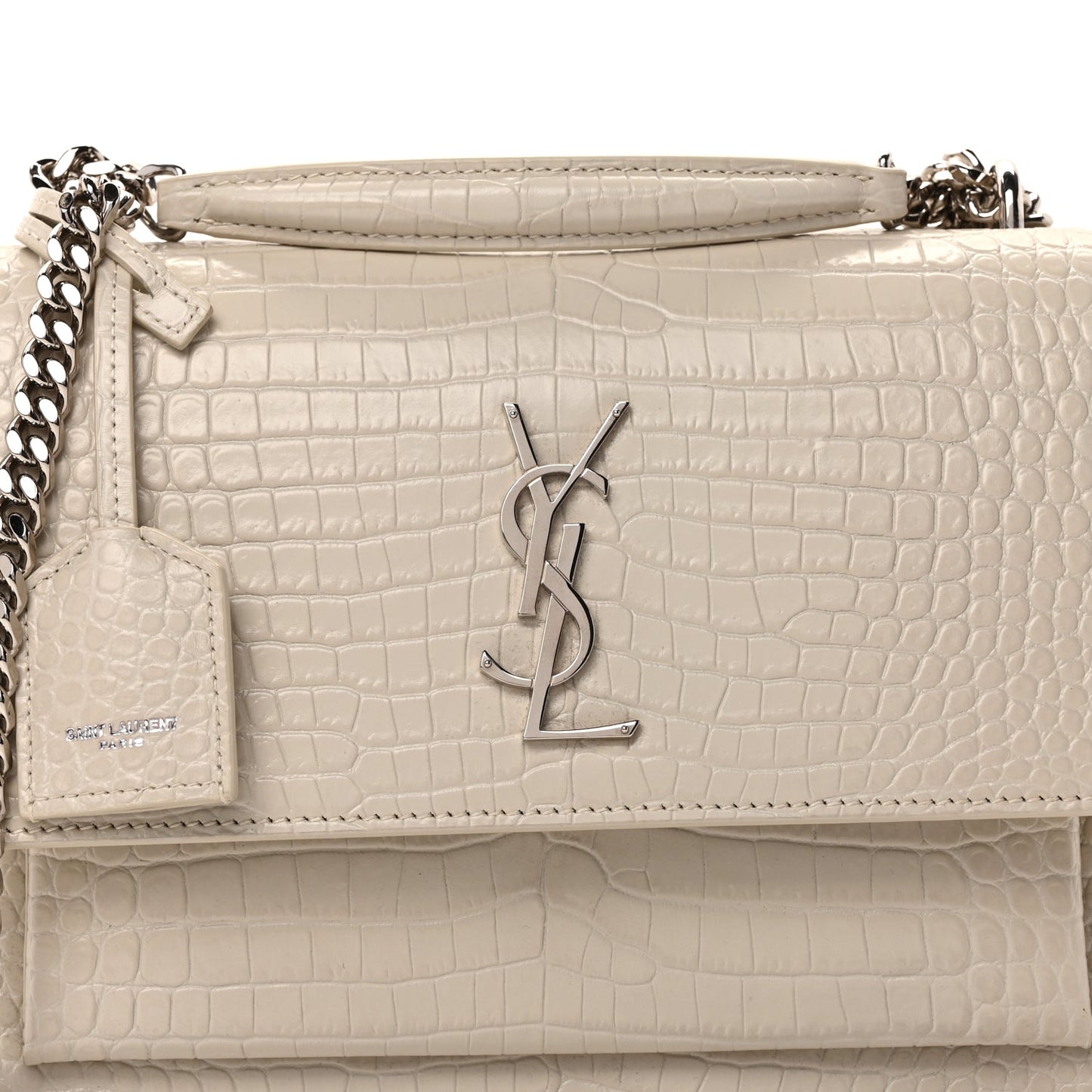 Saint Laurent Calfskin Crocodile Embossed Medium Monogram Sunset Blanc Vintage