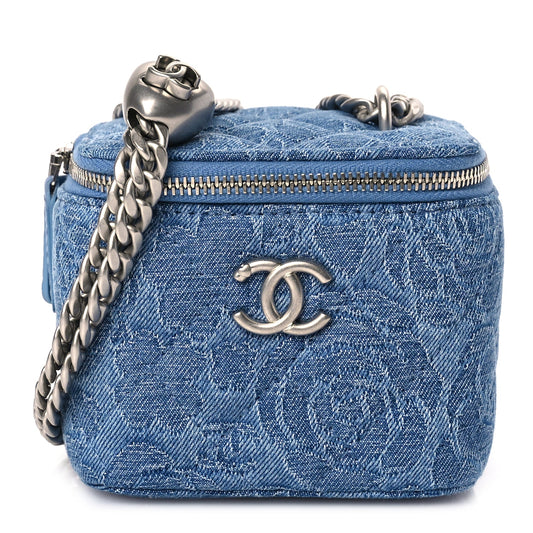 Chanel Denim Quilted Camellia Sweetheart Mini Vanity Case With Chain Blue