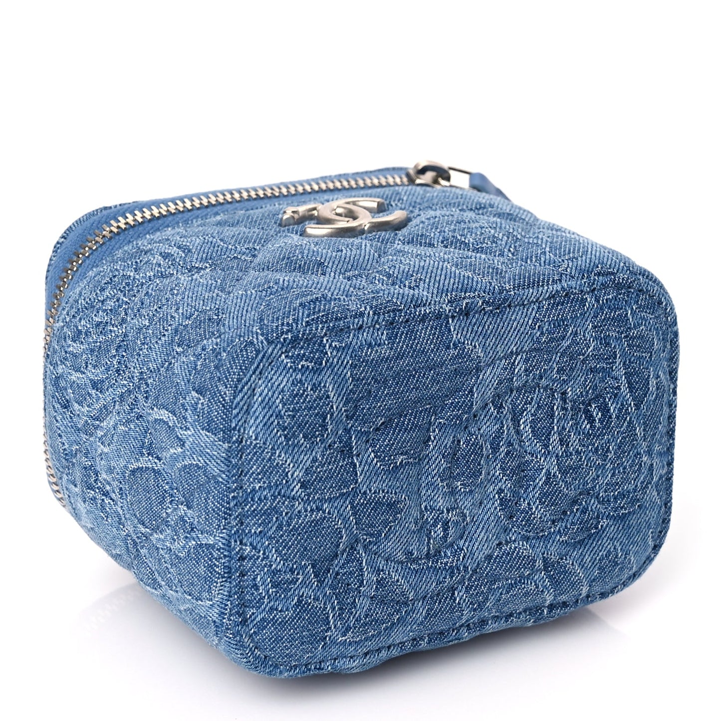 Chanel Denim Quilted Camellia Sweetheart Mini Vanity Case With Chain Blue