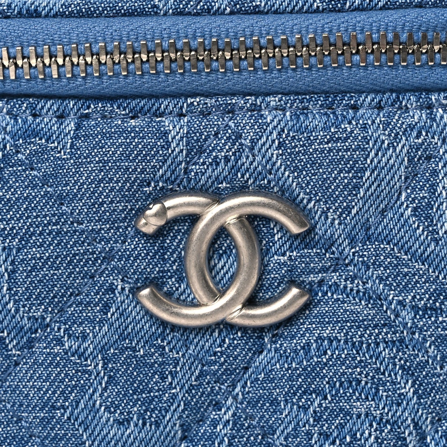 Chanel Denim Quilted Camellia Sweetheart Mini Vanity Case With Chain Blue