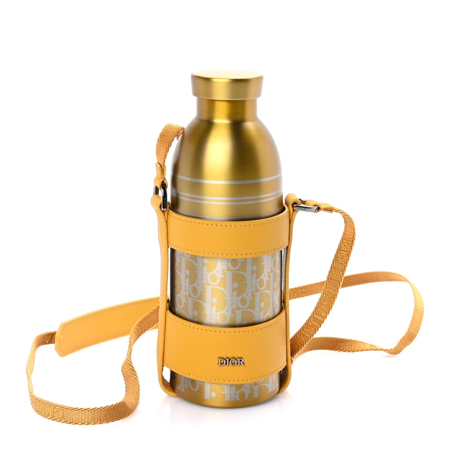 Christian Dior Oblique Stainless Steel Grained Calfskin Aqua Bottle With Shoulder Strap Yellow