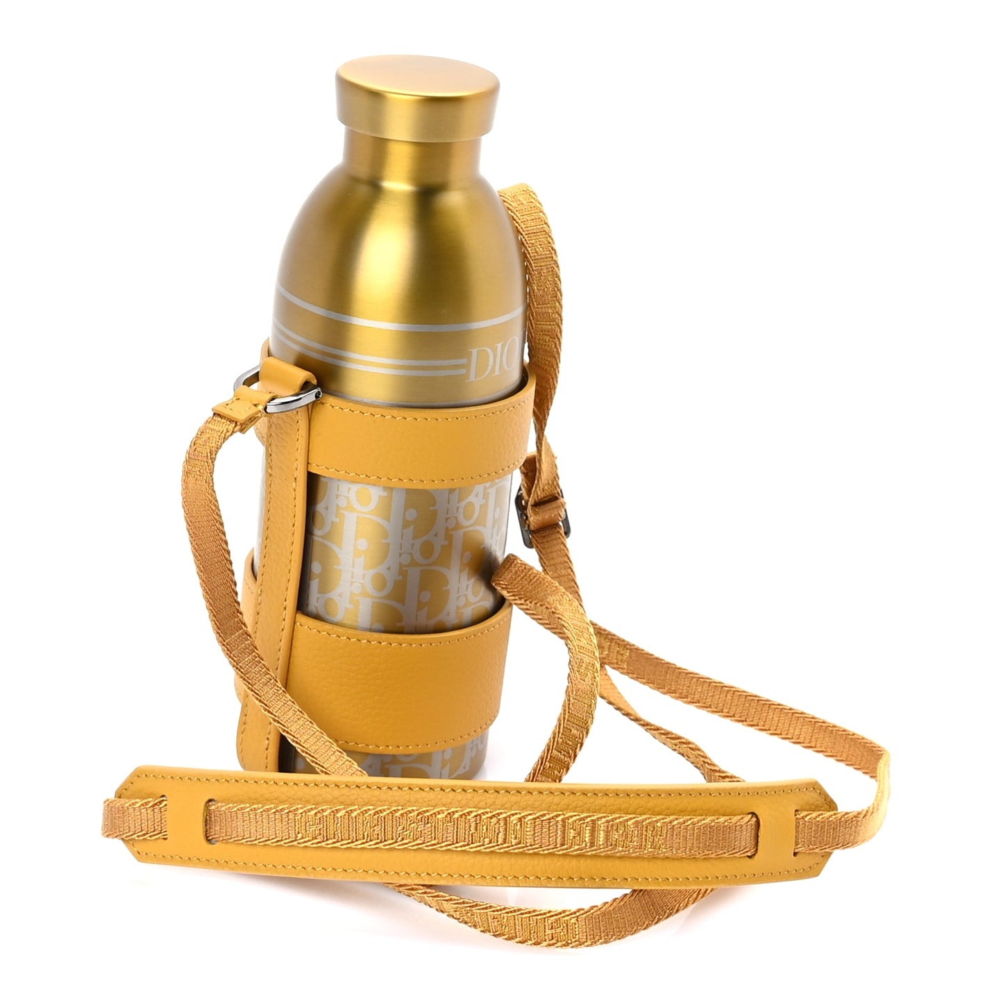 Christian Dior Oblique Stainless Steel Grained Calfskin Aqua Bottle With Shoulder Strap Yellow
