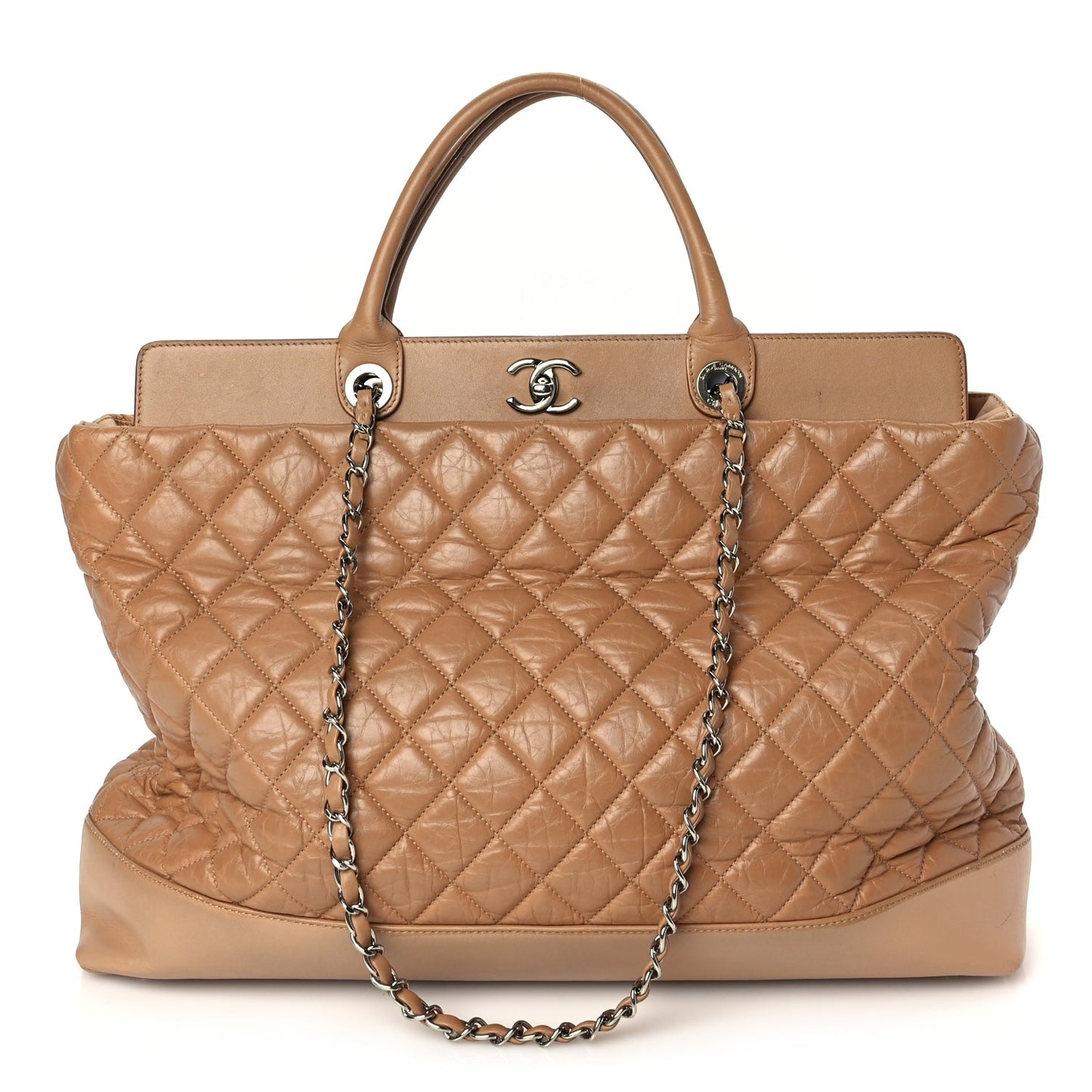 Chanel Aged Calfskin Quilted Be CC Tote Beige