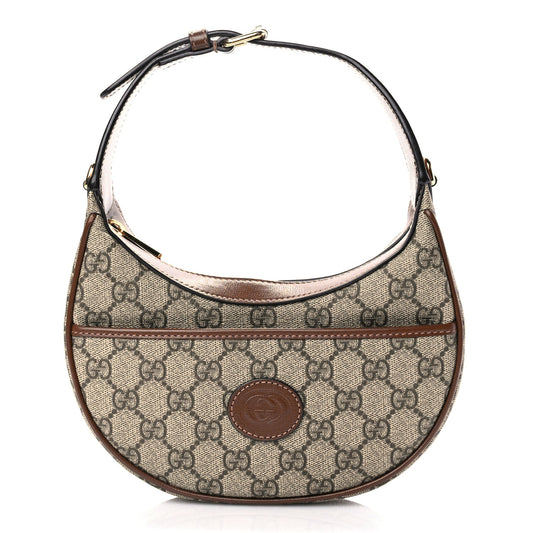 Gucci GG Supreme Monogram Azalea Calfskin Mini Retro Interlocking G Half Moon Bag Beige Ebony Brown Sugar