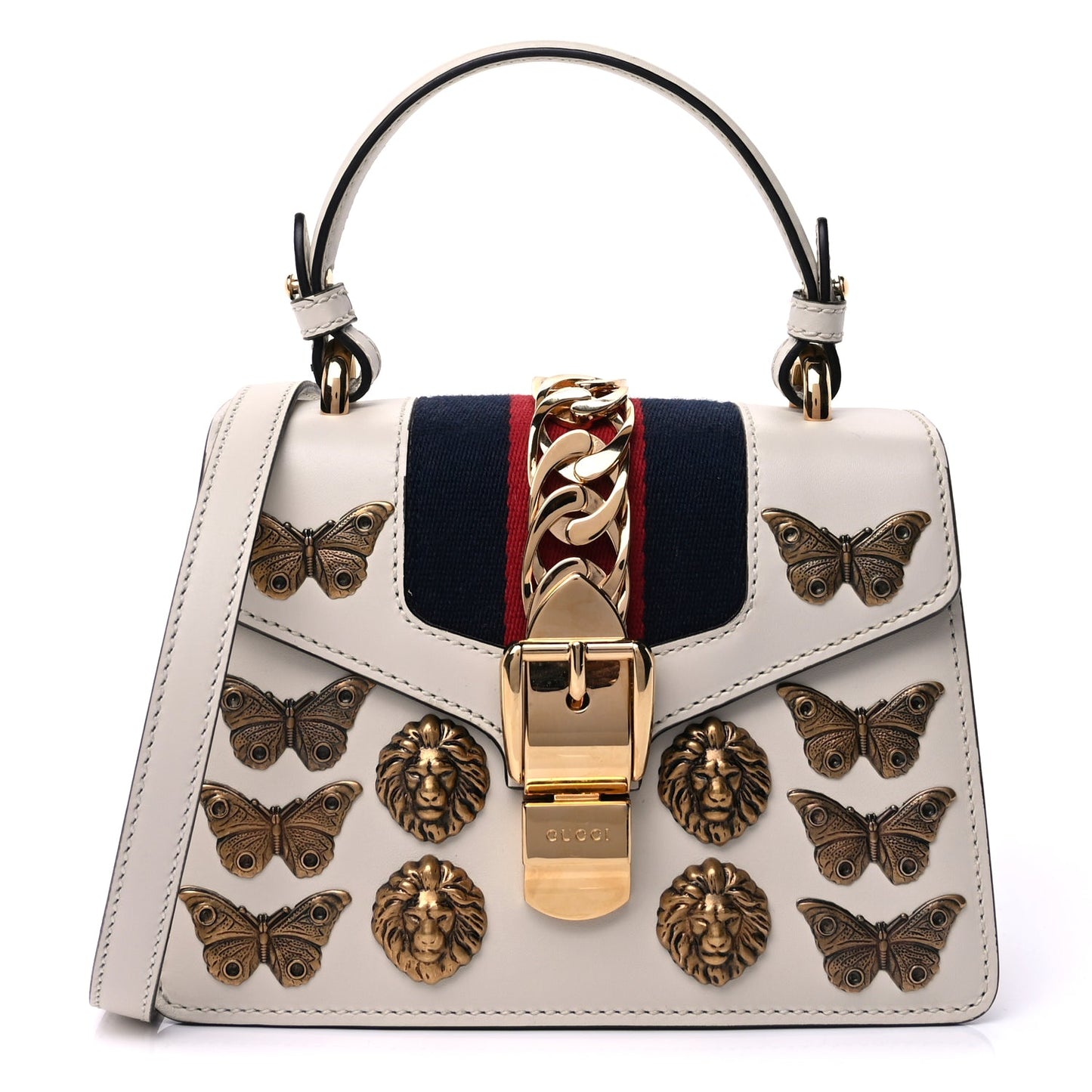 Gucci Calfskin Animal Studs Mini Sylvie Top Handle Bag White