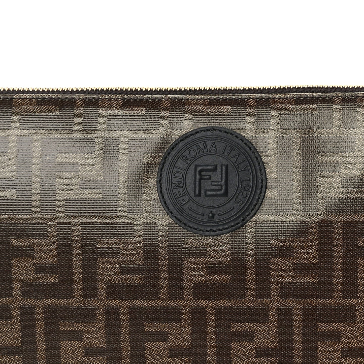 Fendi Glazed Fabric Vitello Century FF 1974 Stamp Patch Large Flat Pouch  Mogano Panna Black