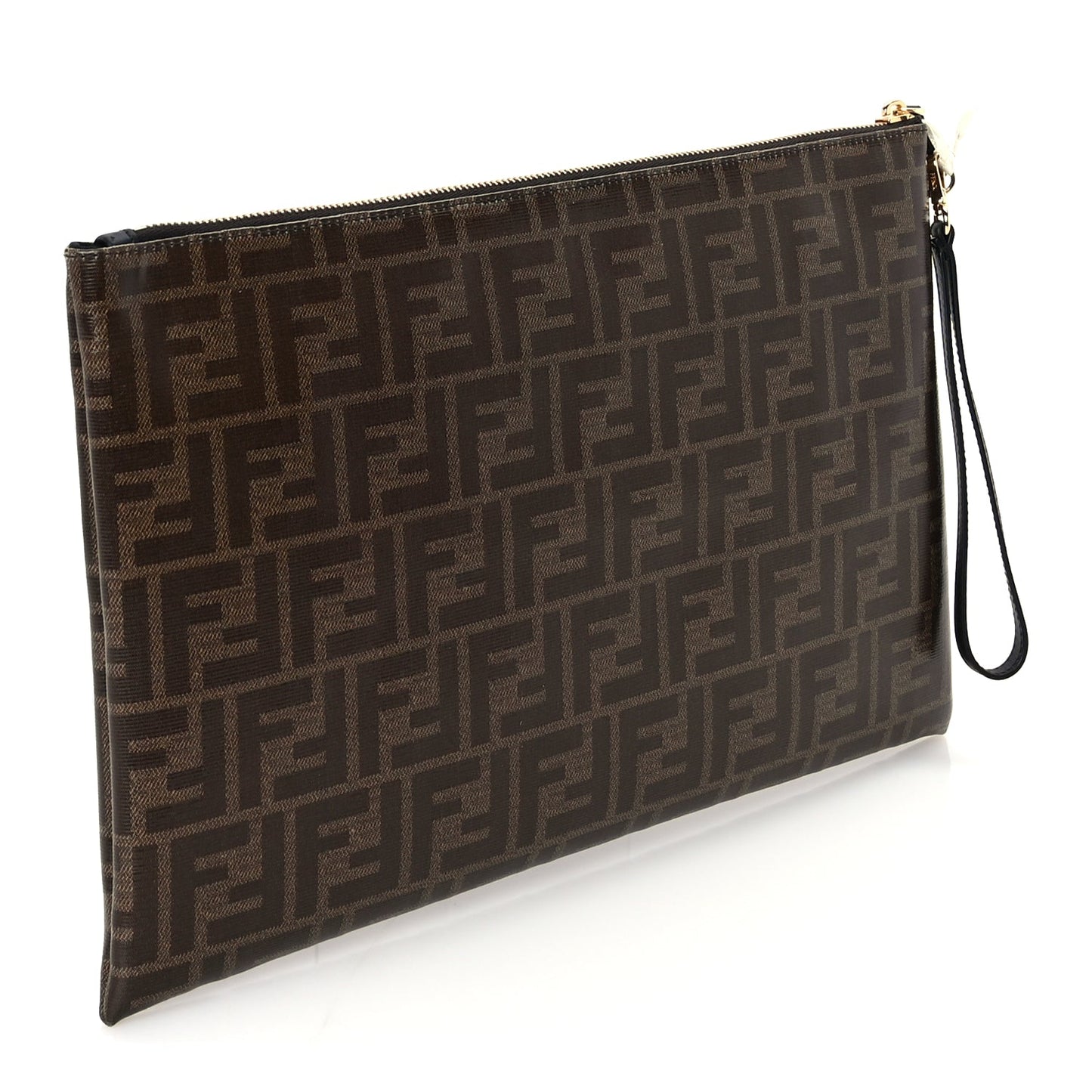 Fendi Glazed Fabric Vitello Century FF 1974 Stamp Patch Large Flat Pouch  Mogano Panna Black