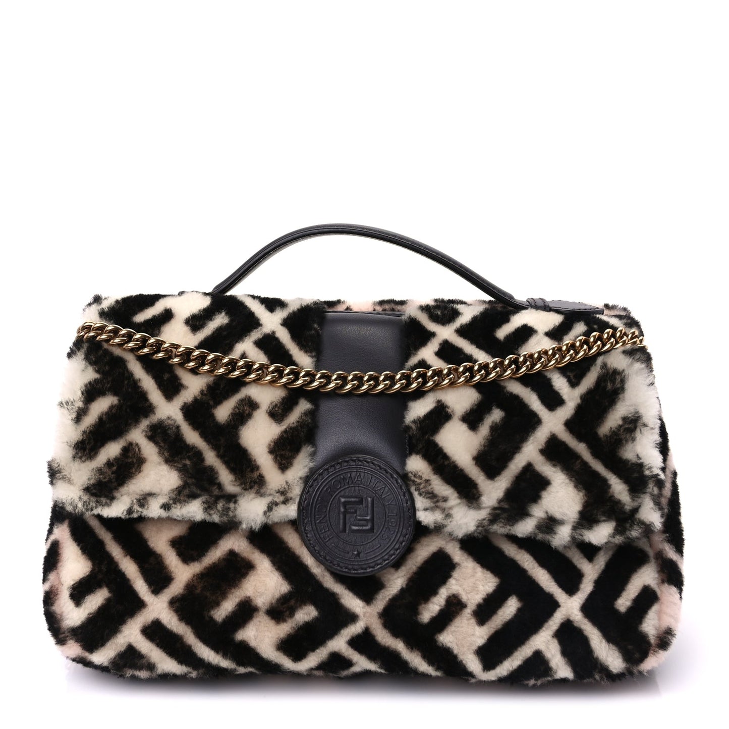 Fendi Shearling Vitello Dolce Macro FF 1974 Baguette  White Ice Tortora