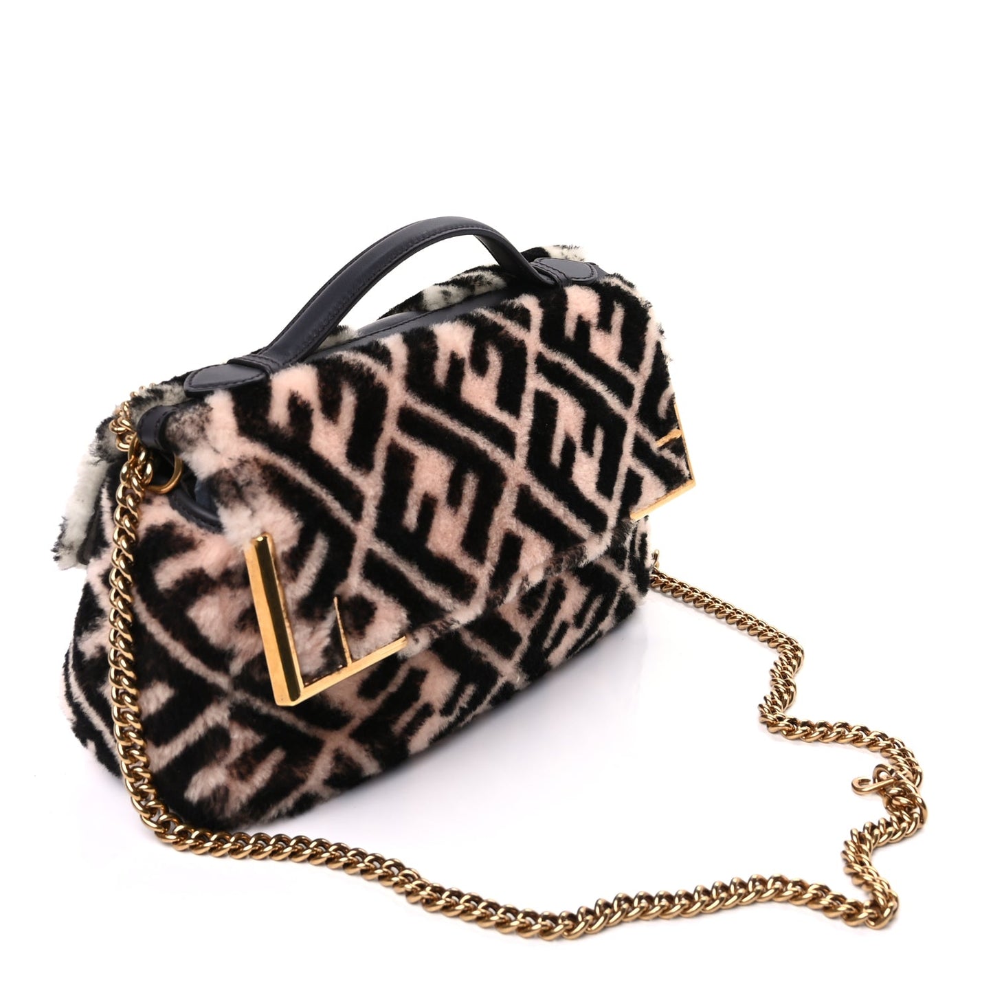 Fendi Shearling Vitello Dolce Macro FF 1974 Baguette  White Ice Tortora