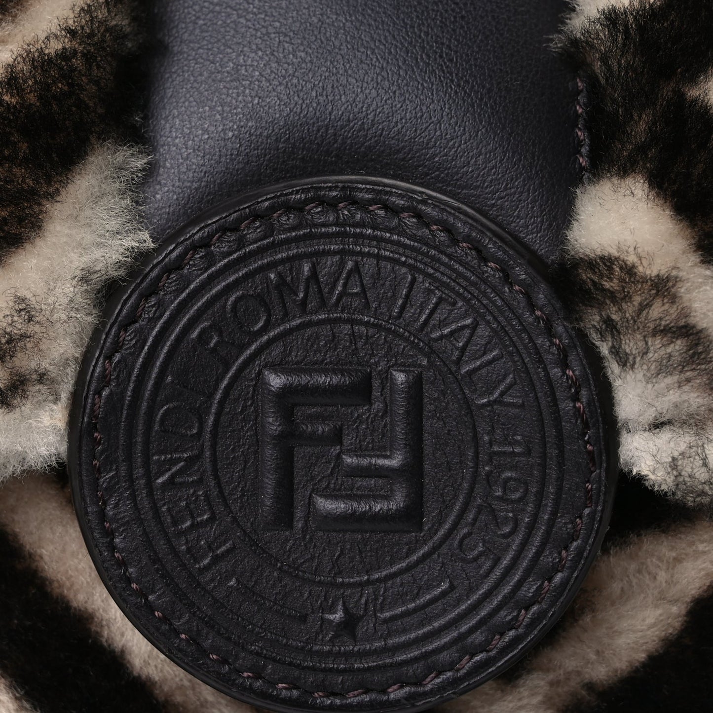 Fendi Shearling Vitello Dolce Macro FF 1974 Baguette  White Ice Tortora