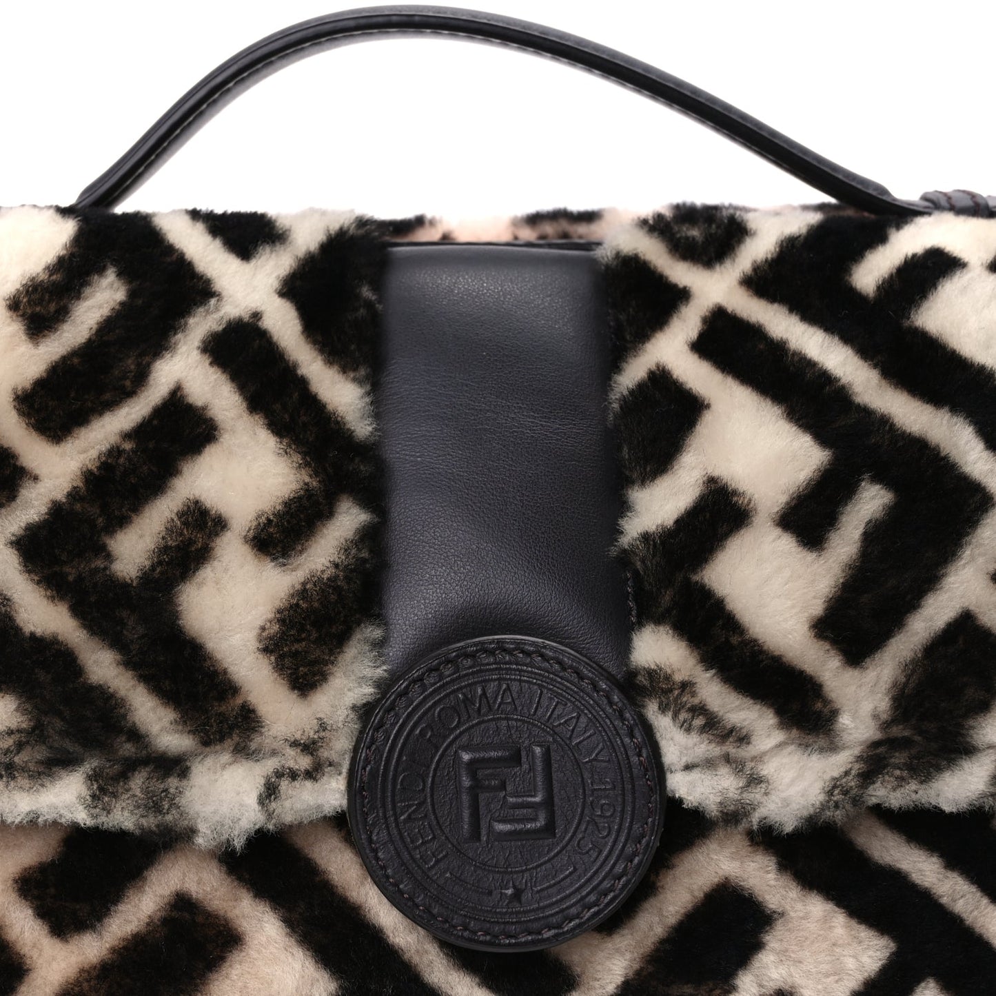 Fendi Shearling Vitello Dolce Macro FF 1974 Baguette  White Ice Tortora