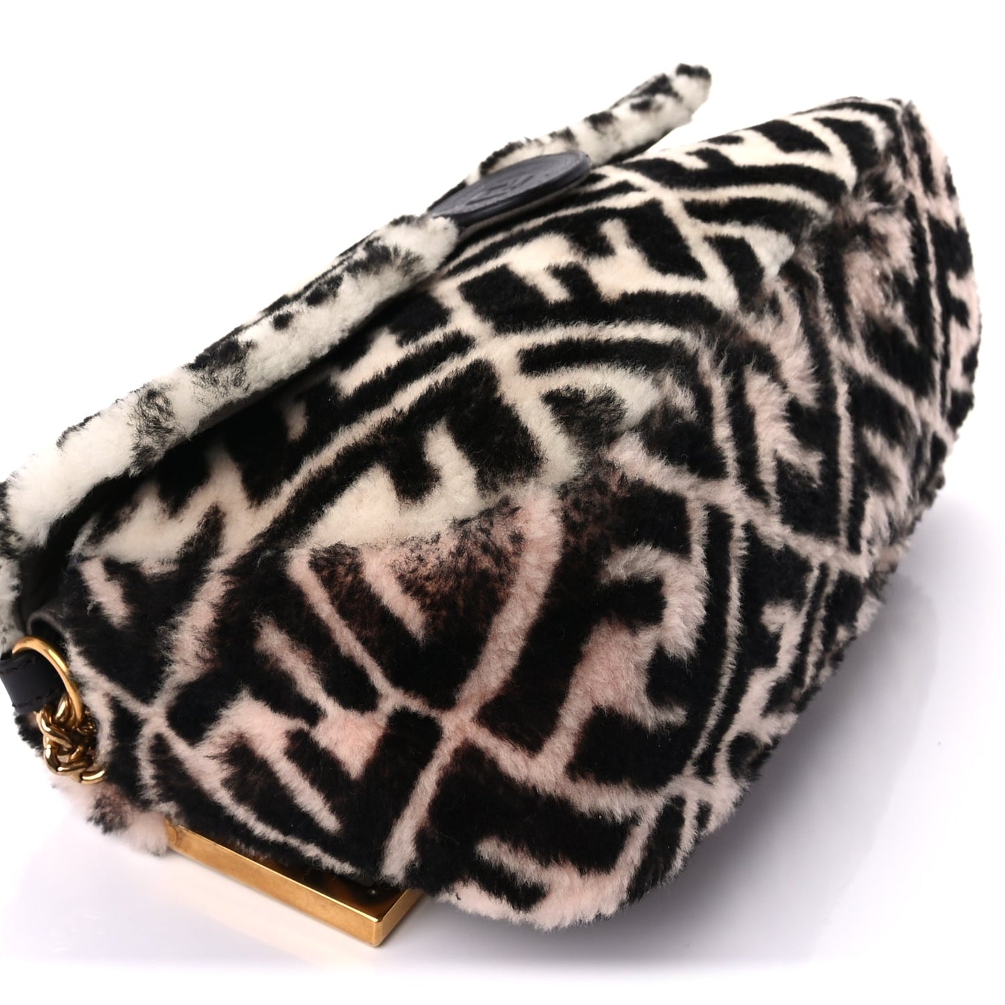 Fendi Shearling Vitello Dolce Macro FF 1974 Baguette  White Ice Tortora