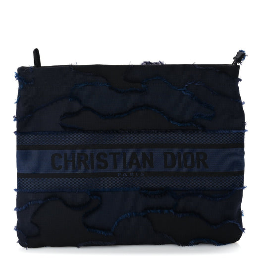 Christian Dior Canvas Embroidered Camouflage Medium Diordouble Zip Pouch Blue