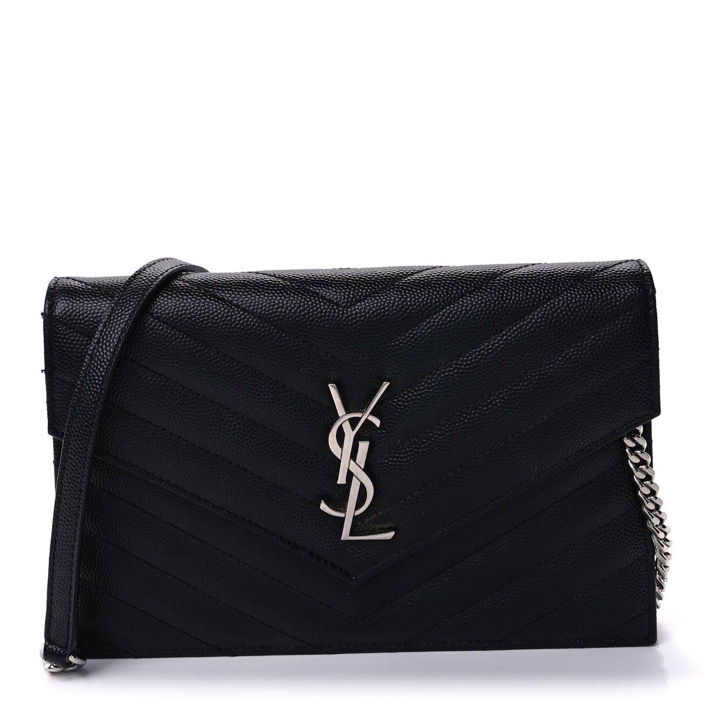 Saint Laurent Grain De Poudre Matelasse Chevron Monogram Envelope Chain Wallet Black