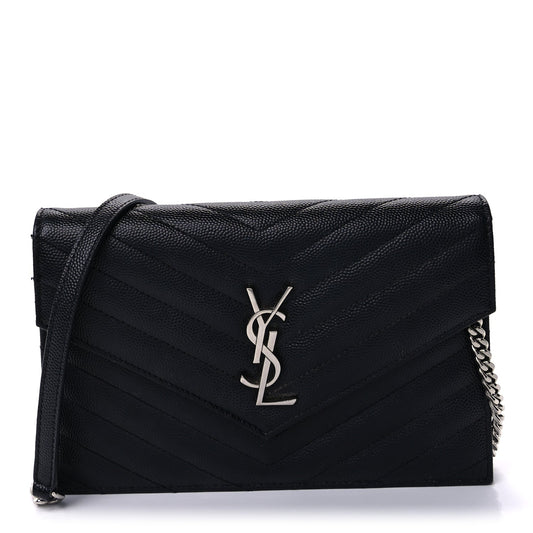 Saint Laurent Grain De Poudre Matelasse Chevron Monogram Envelope Chain Wallet Black