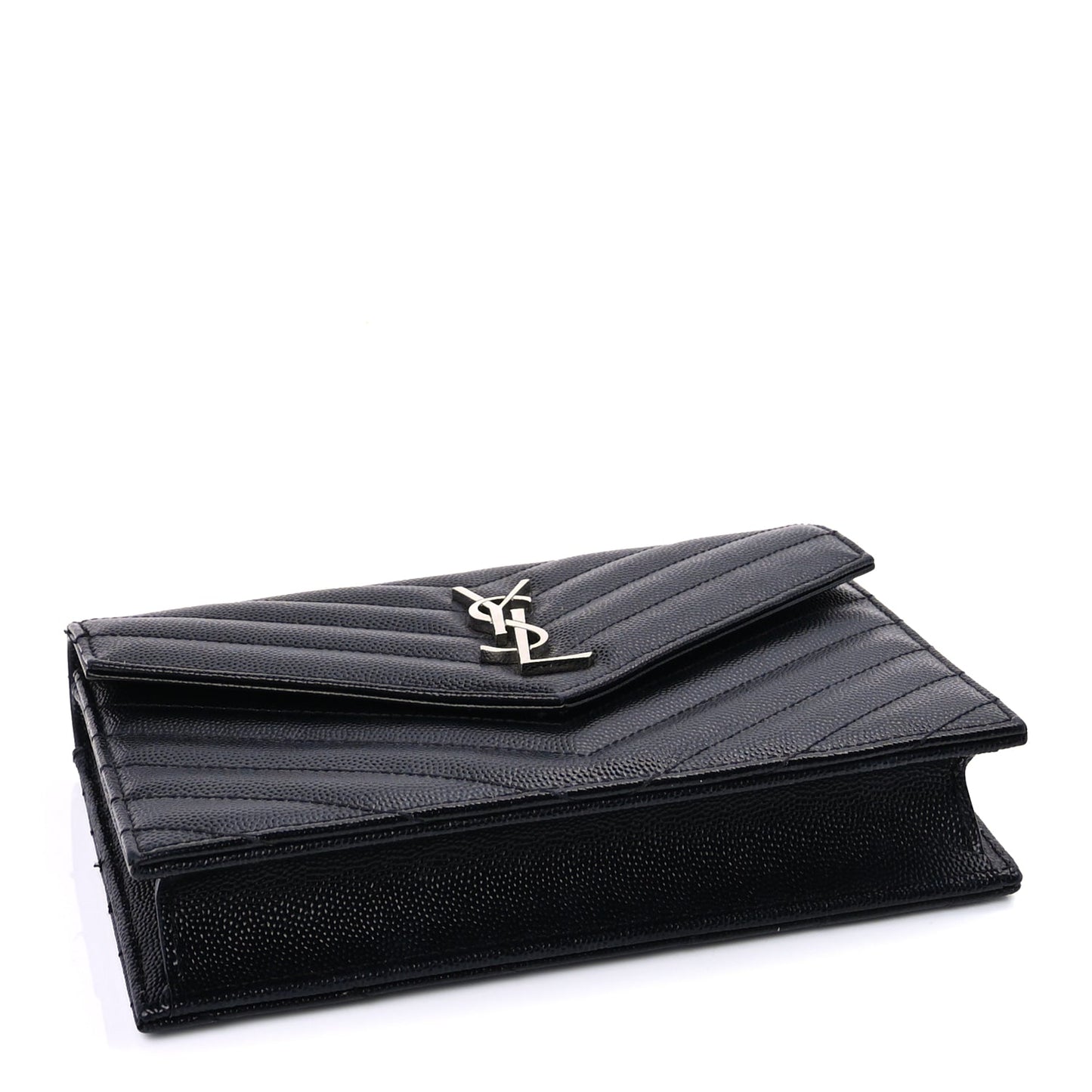 Saint Laurent Grain De Poudre Matelasse Chevron Monogram Envelope Chain Wallet Black
