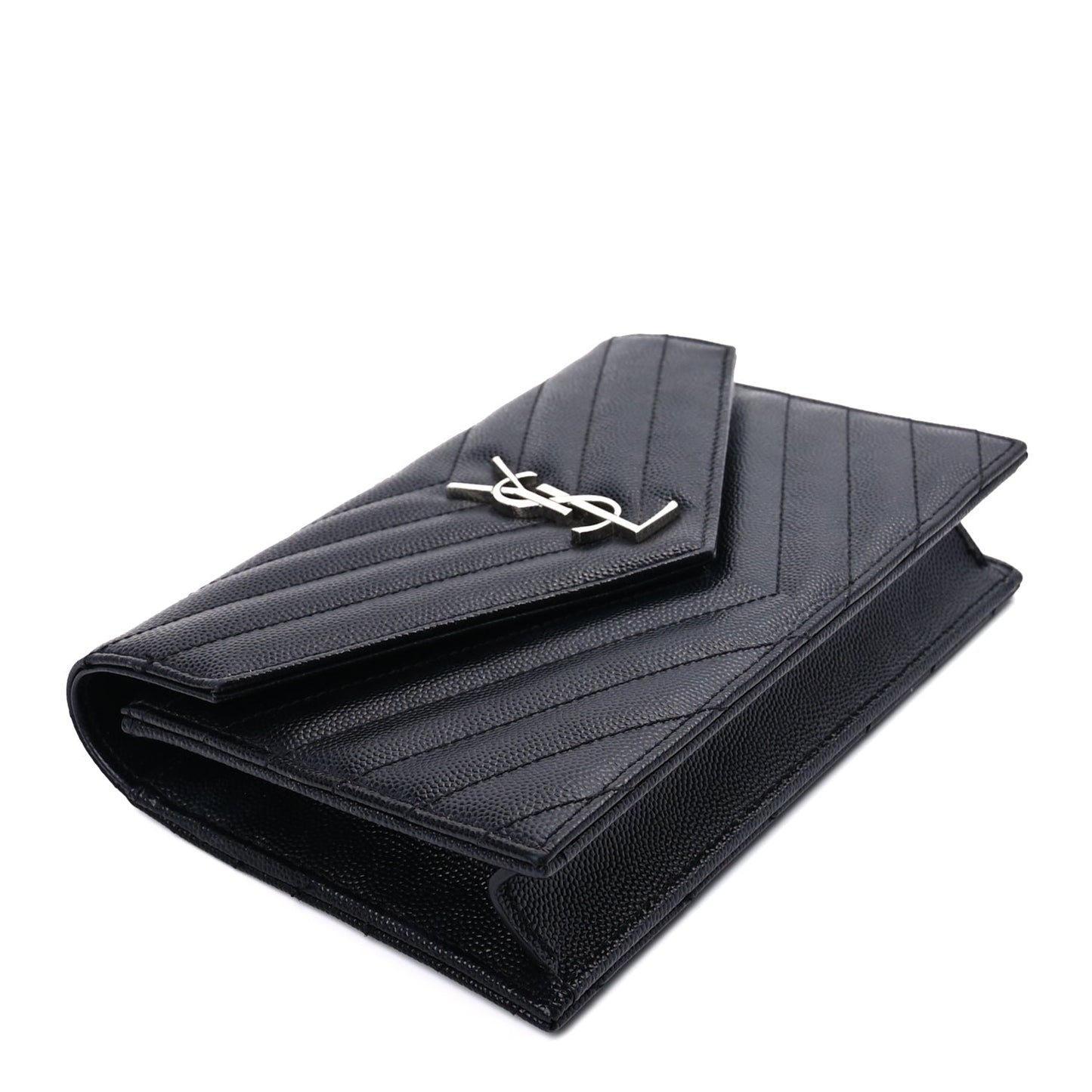 Saint Laurent Grain De Poudre Matelasse Chevron Monogram Envelope Chain Wallet Black