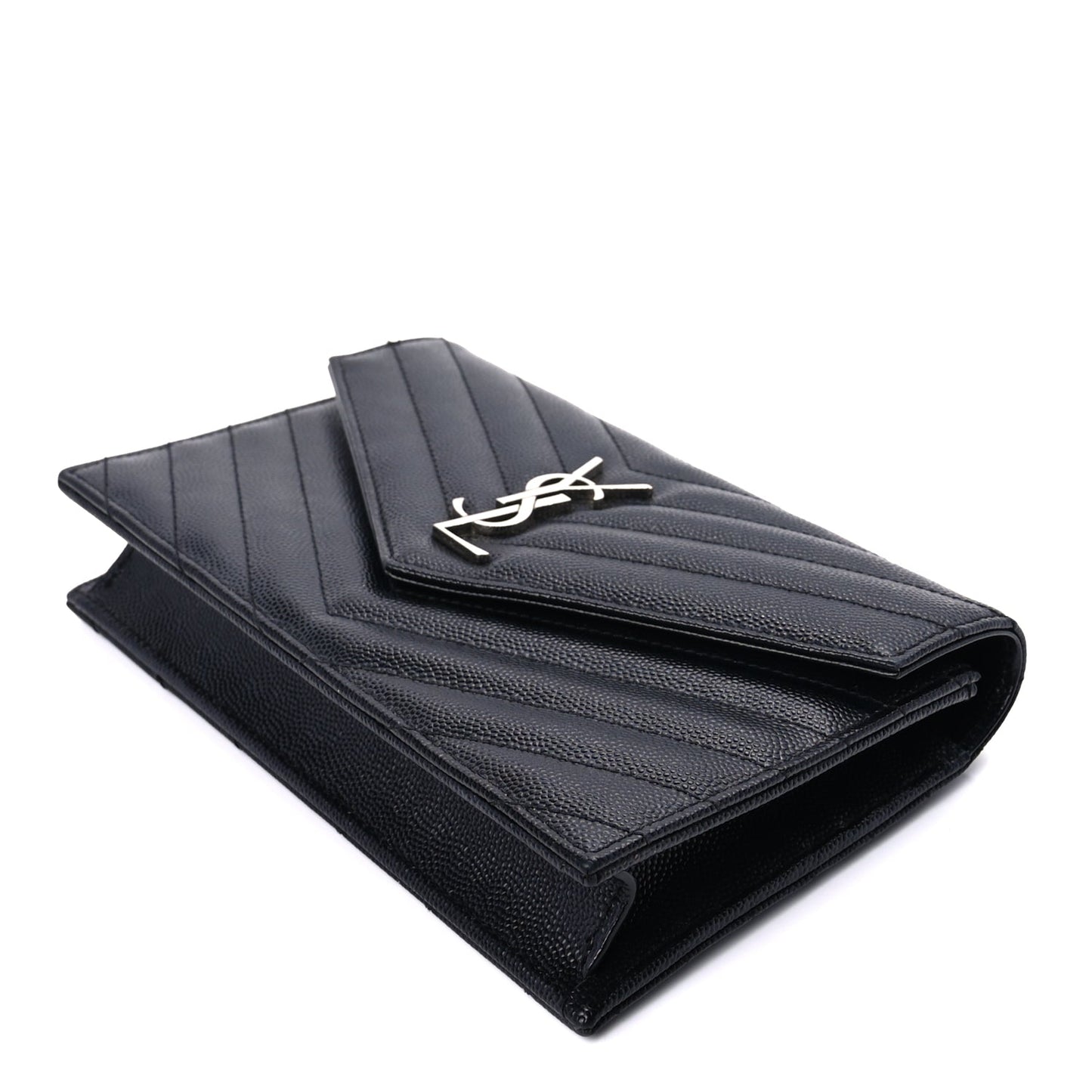 Saint Laurent Grain De Poudre Matelasse Chevron Monogram Envelope Chain Wallet Black
