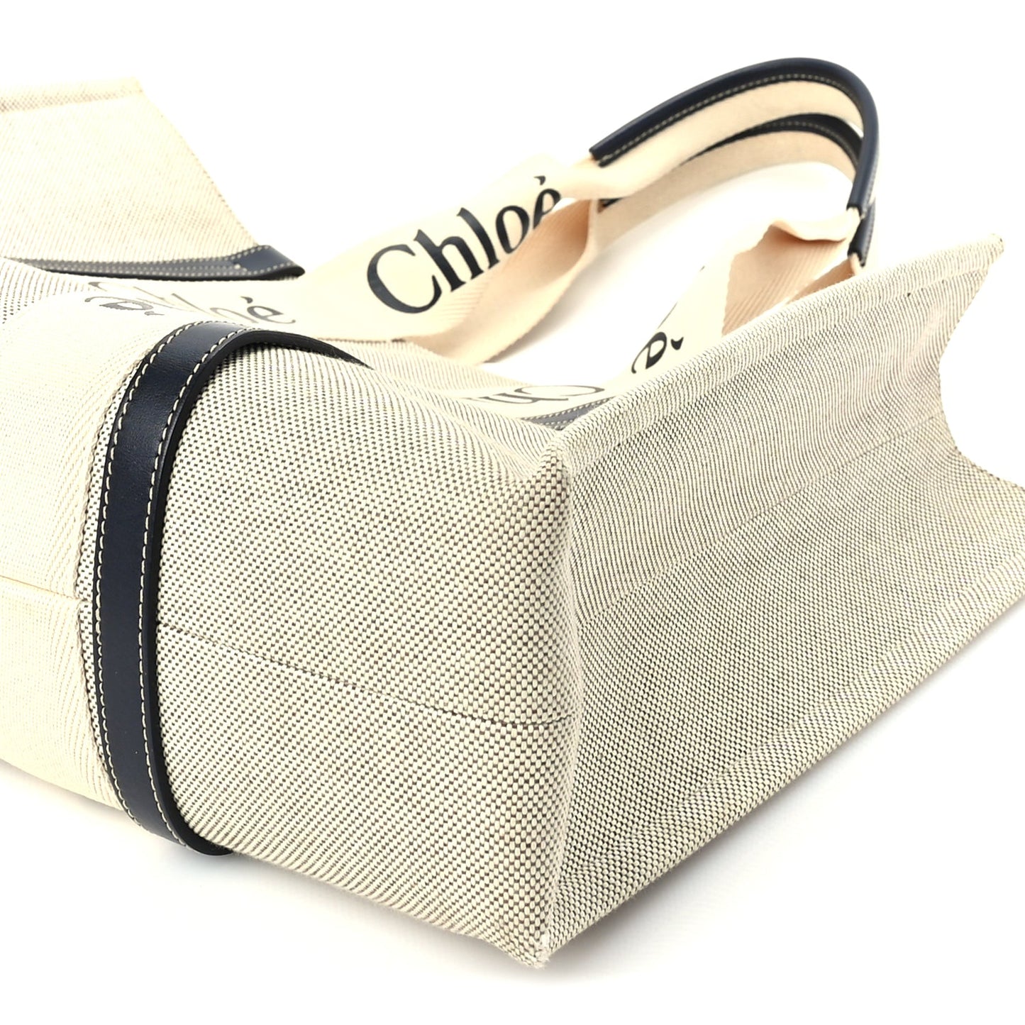 Chloe Cotton Calfskin Large Woody Ribbon Tote  White Blue