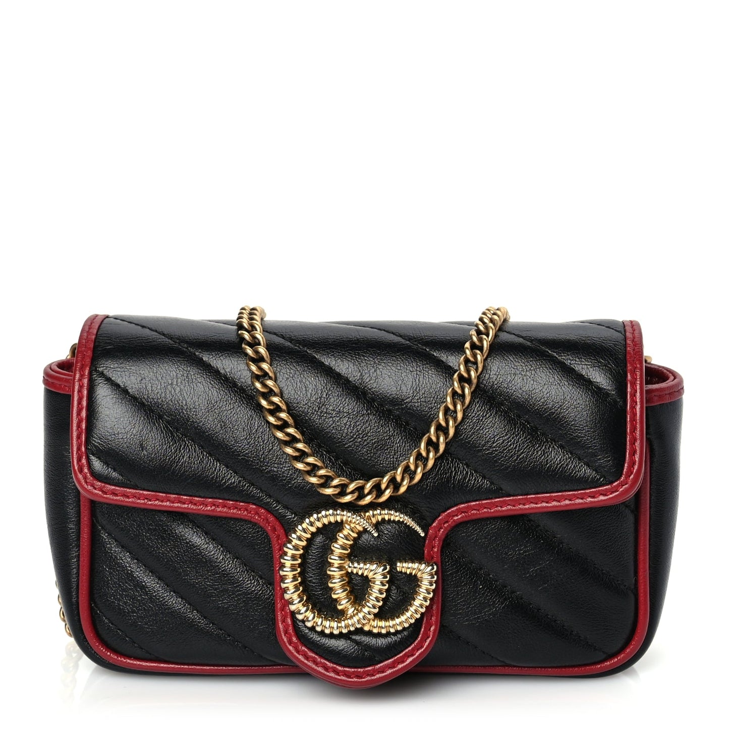 Gucci Vintage Effect Calfskin Matelasse Diagonal Super Mini Torchon GG Marmont Shoulder Bag Black Romantic Cherry