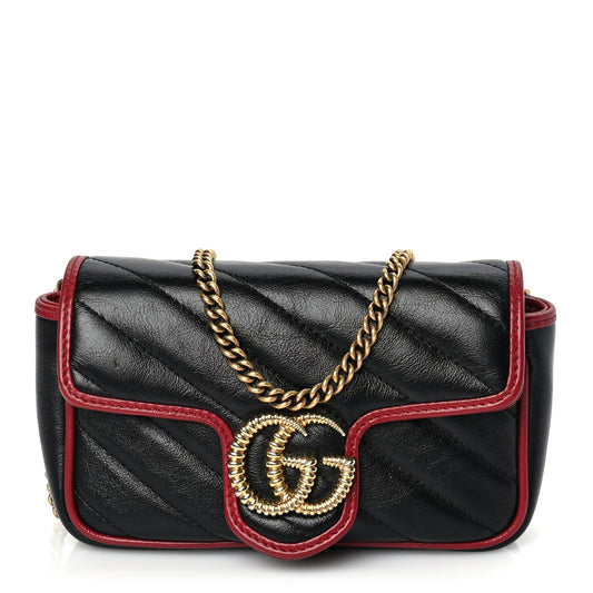 Gucci Vintage Effect Calfskin Matelasse Diagonal Super Mini Torchon GG Marmont Shoulder Bag Black Romantic Cherry