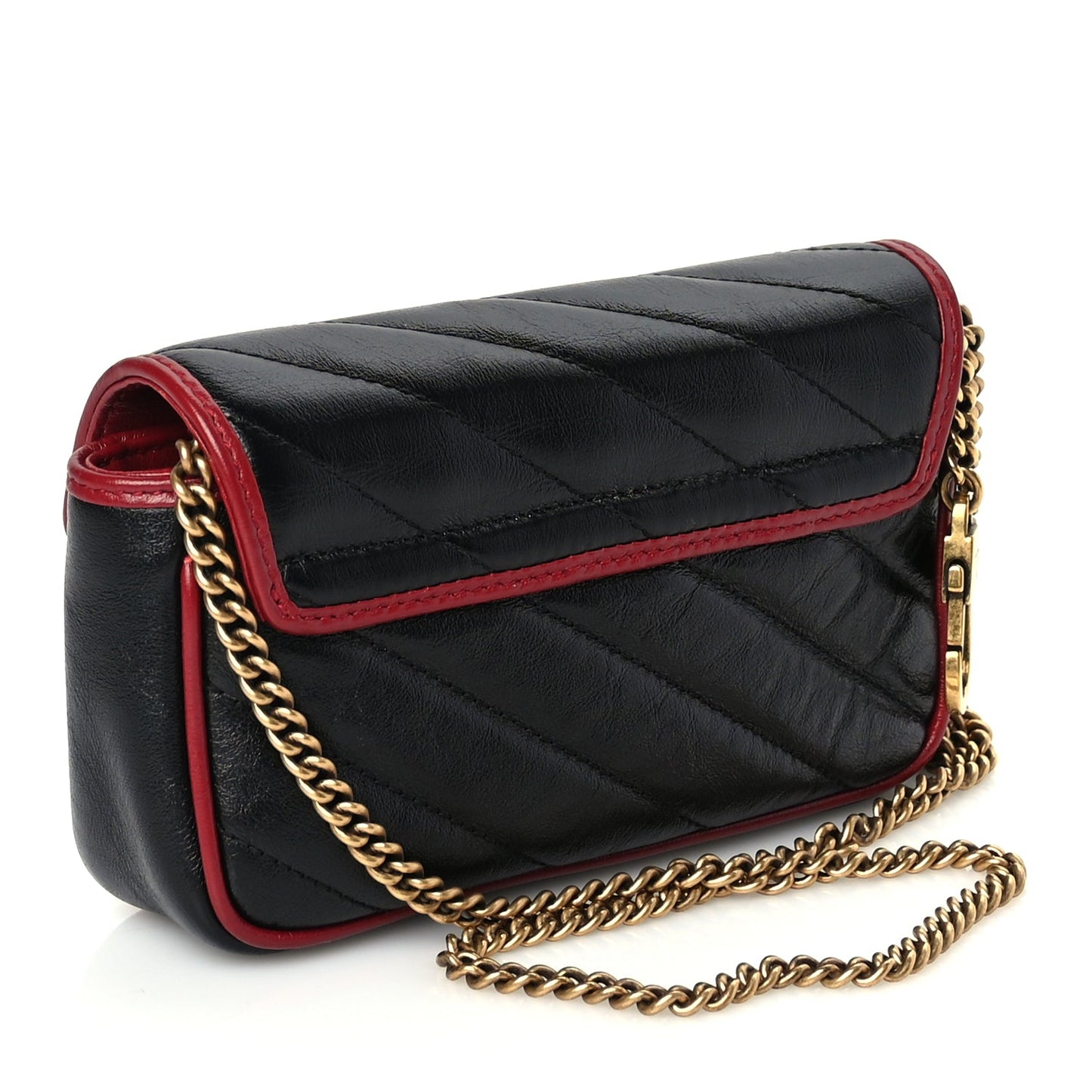 Gucci Vintage Effect Calfskin Matelasse Diagonal Super Mini Torchon GG Marmont Shoulder Bag Black Romantic Cherry