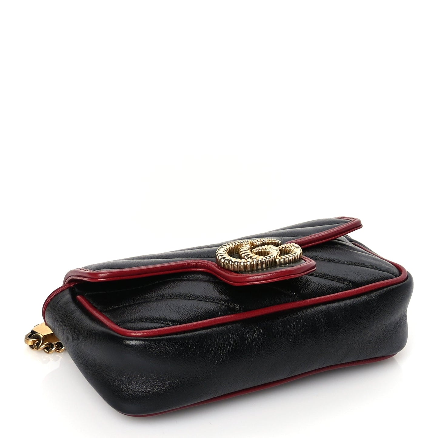 Gucci Vintage Effect Calfskin Matelasse Diagonal Super Mini Torchon GG Marmont Shoulder Bag Black Romantic Cherry