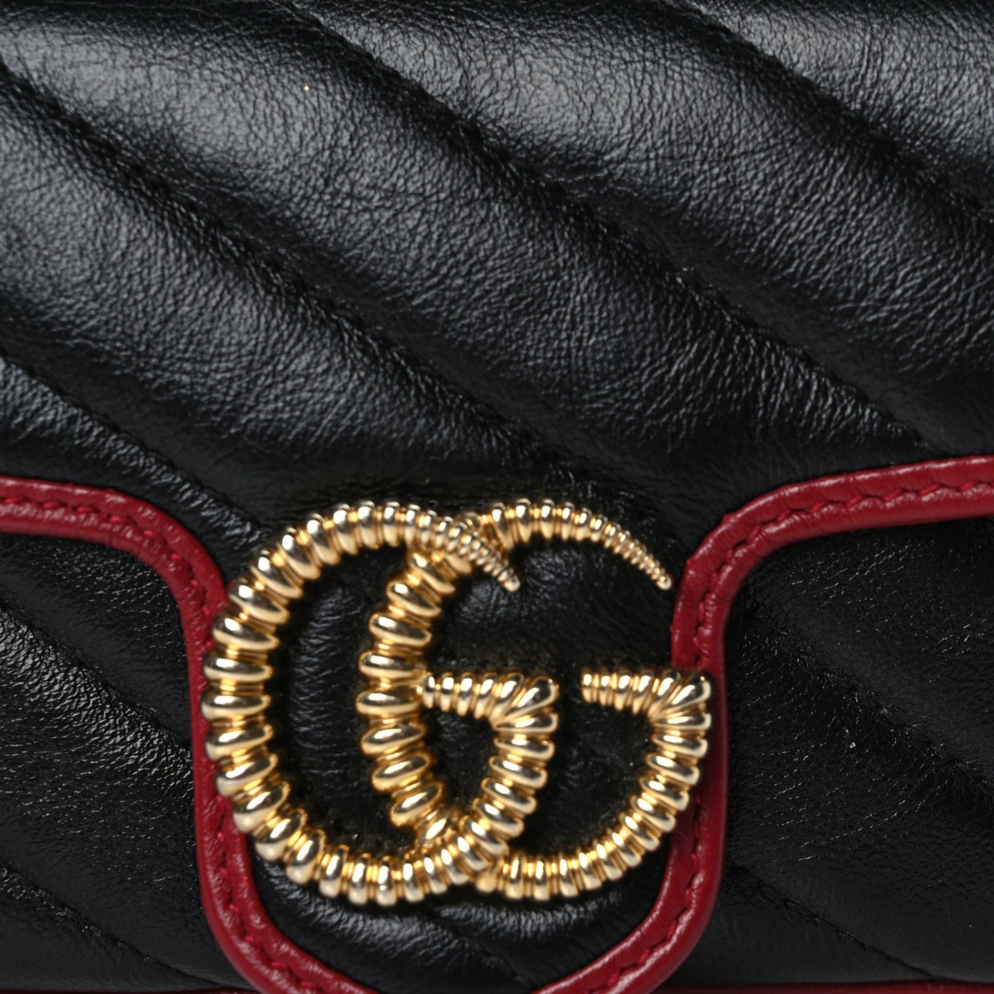 Gucci Vintage Effect Calfskin Matelasse Diagonal Super Mini Torchon GG Marmont Shoulder Bag Black Romantic Cherry