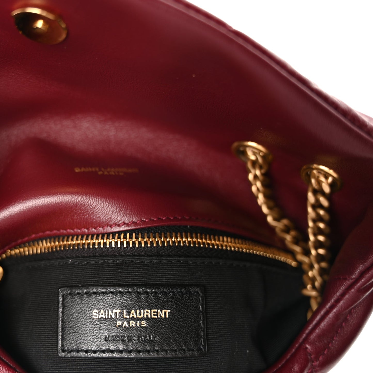 Saint Laurent Shiny Calfskin Quilted Toy Loulou Puffer Monogram Chain Satchel Dark Ruby