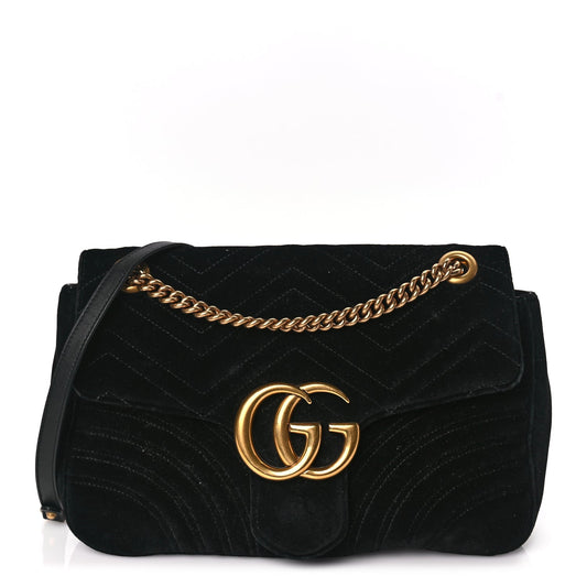 Gucci Velvet Matelasse Medium GG Marmont Shoulder Bag Black