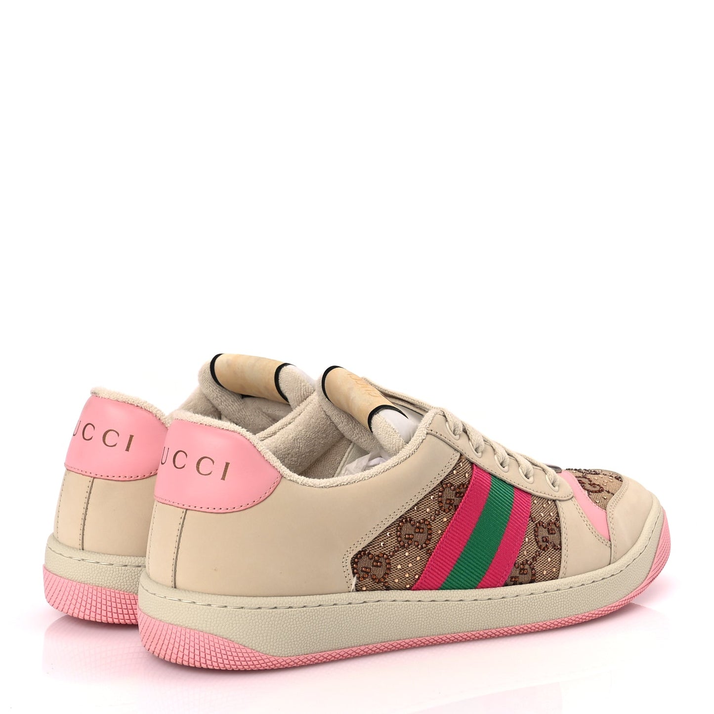 Gucci Calfskin GG Supreme Crystals Web Screener Sneakers Beige Ebony Wild Rose