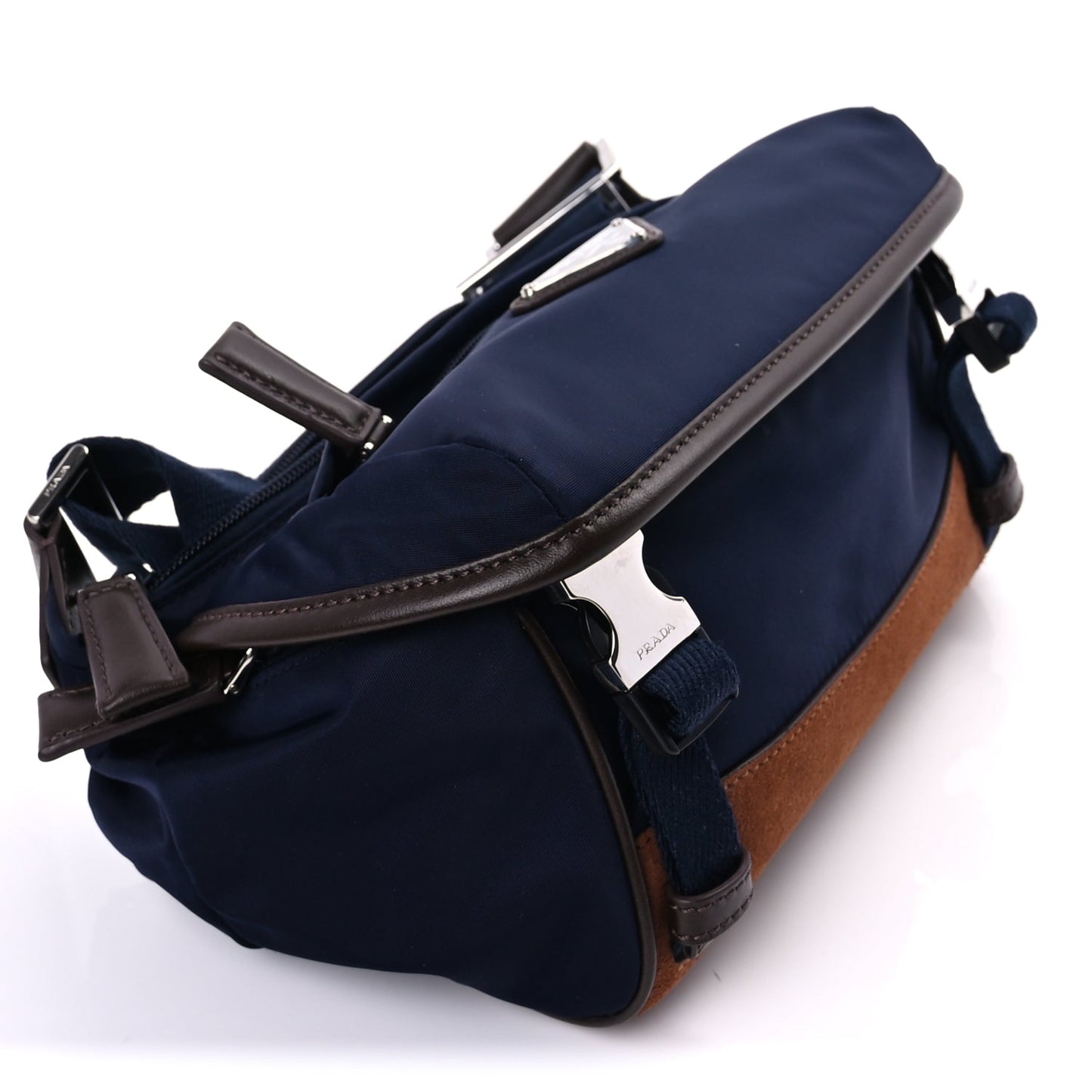 Prada Re-Nylon Suede Triangle Medium Shoulder Bag Navy Brown