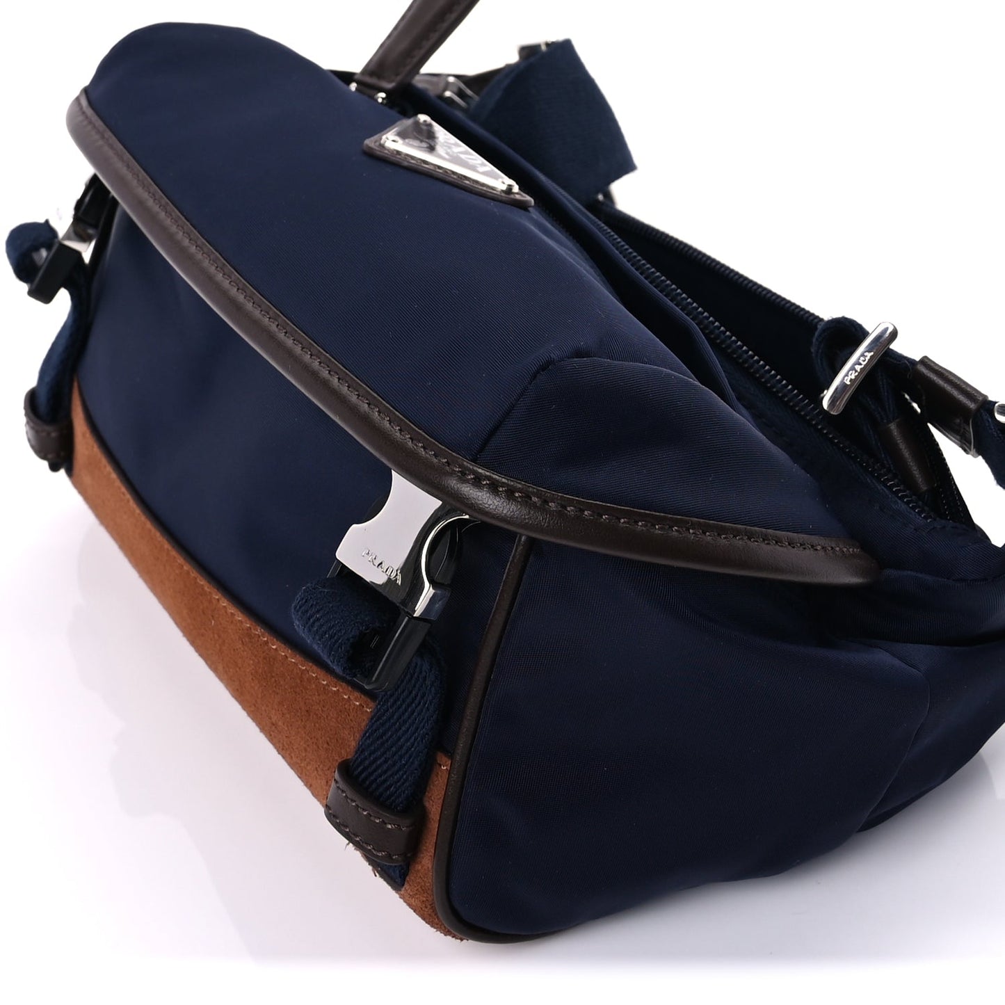Prada Re-Nylon Suede Triangle Medium Shoulder Bag Navy Brown